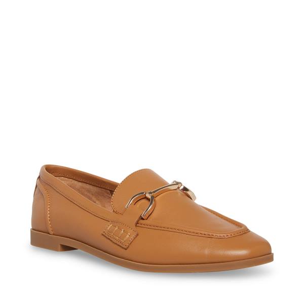 Steve Madden Carrine Cognac Leather Women's Flat Shoes Brown | SM-573VE