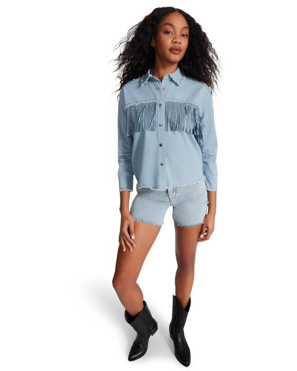 Steve Madden Denim Fringe Button Up Women's Tops Blue | SM-504QK
