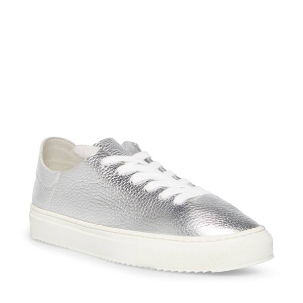 Steve Madden Dorey Leather Women's Sneakers Silver | SM-396SO