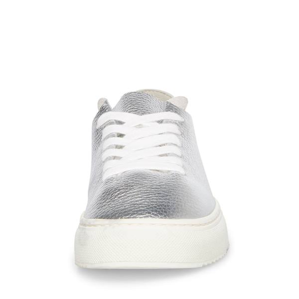 Steve Madden Dorey Leather Women's Sneakers Silver | SM-396SO