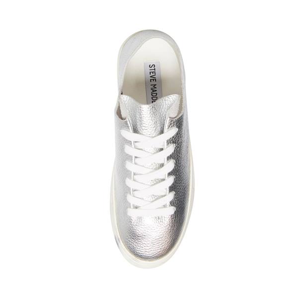 Steve Madden Dorey Leather Women's Sneakers Silver | SM-396SO