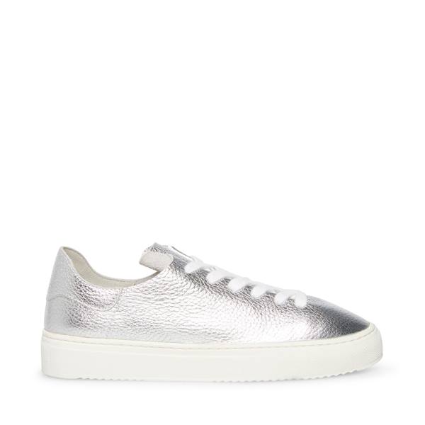 Steve Madden Dorey Leather Women\'s Sneakers Silver | SM-396SO