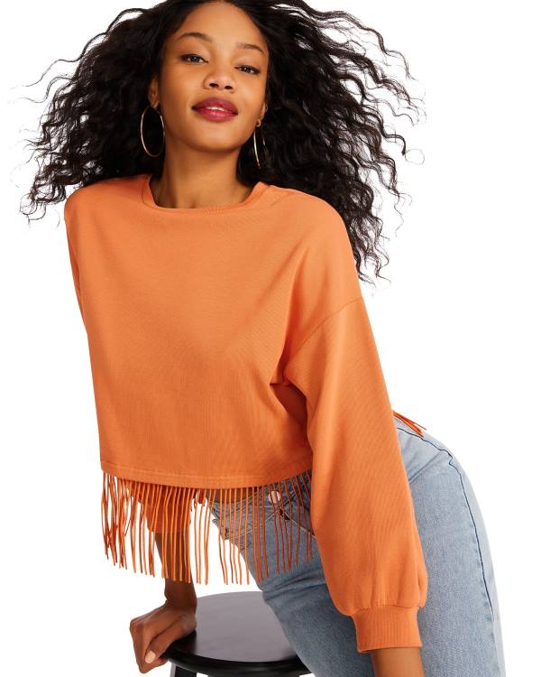 Steve Madden Fringe Crew Neck Women's Tops Orange | SM-023NM
