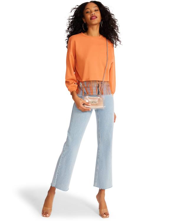 Steve Madden Fringe Crew Neck Women's Tops Orange | SM-023NM
