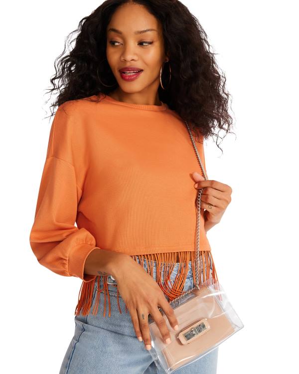 Steve Madden Fringe Crew Neck Women's Tops Orange | SM-023NM