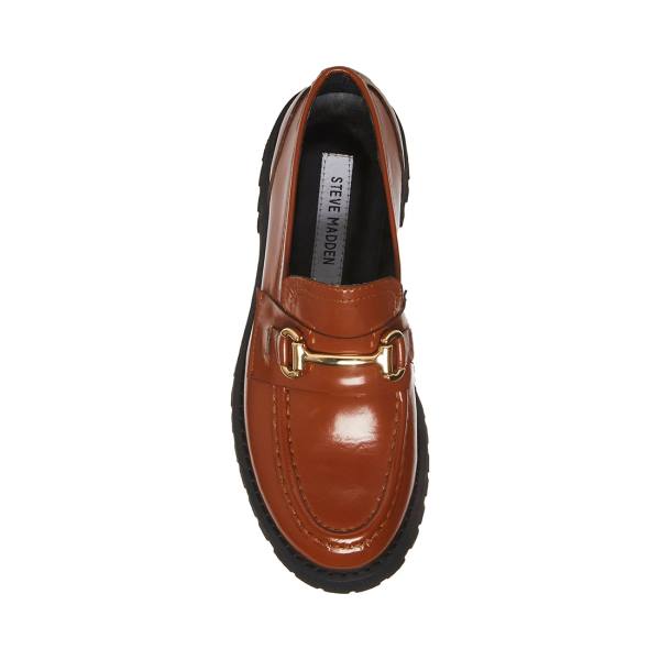 Steve Madden Lando Cognac Leather Women's Loafers Brown | SM-274RS