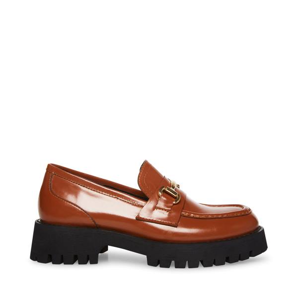 Steve Madden Lando Cognac Leather Women\'s Loafers Brown | SM-274RS