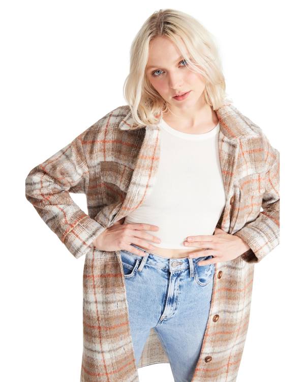 Steve Madden Long Plaid Taupe Women\'s Coats Grey Brown | SM-457PG