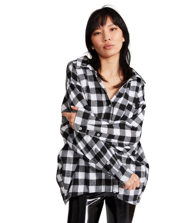 Steve Madden Oversized Gingham Flannel Women's Tops Black | SM-176DA