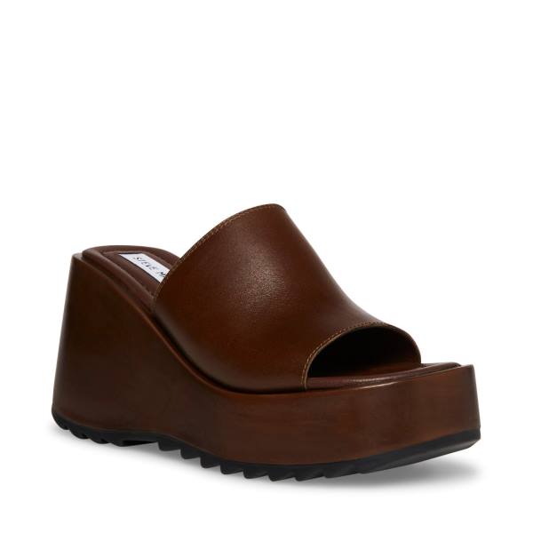 Steve Madden Pepe30 Cognac Leather Women's Sandals Brown | SM-968FE