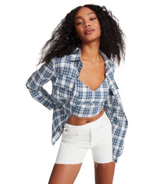 Steve Madden Checkered Button Up Women's Tops Blue | SM-631NC