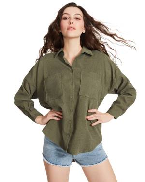 Steve Madden Courdoroy Button Up Shirt Women's Tops Olive | SM-178SI