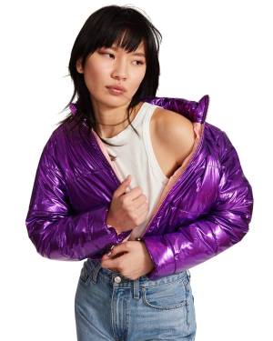 Steve Madden Cropped Metallic Puffer Women's Jackets Purple | SM-209PZ