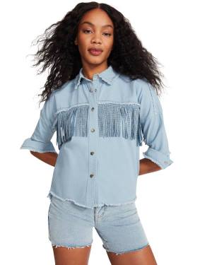Steve Madden Denim Fringe Button Up Women's Tops Blue | SM-504QK