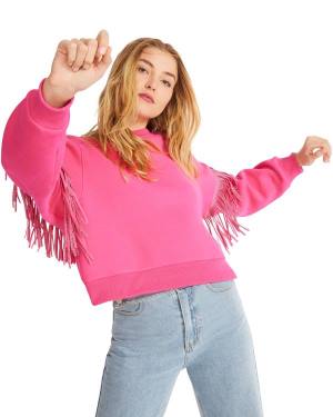 Steve Madden Rhinestone Fringe Crew Neck Women's Tops Pink | SM-948RL
